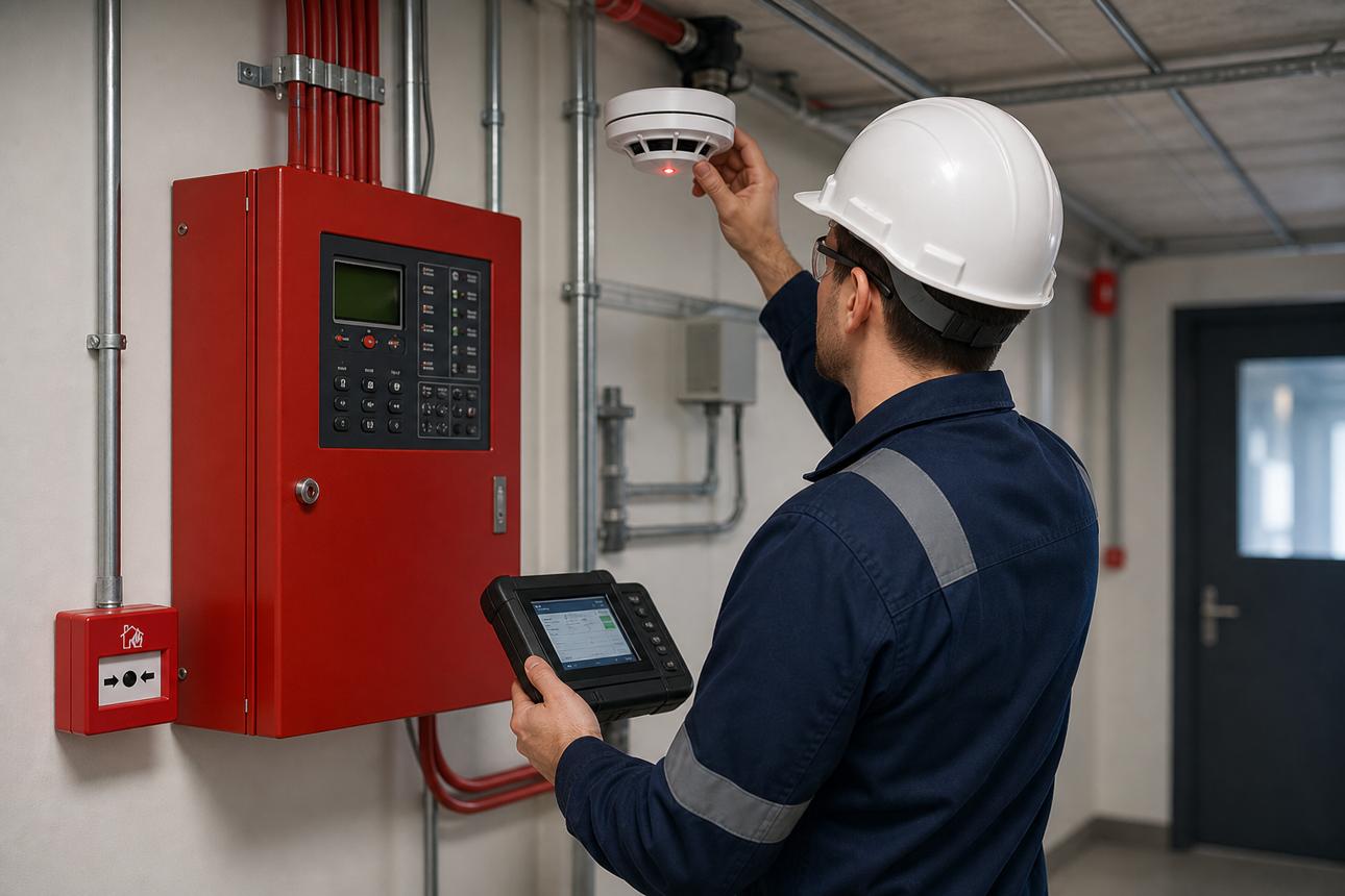 Technician inspecting a fire alarm control panel