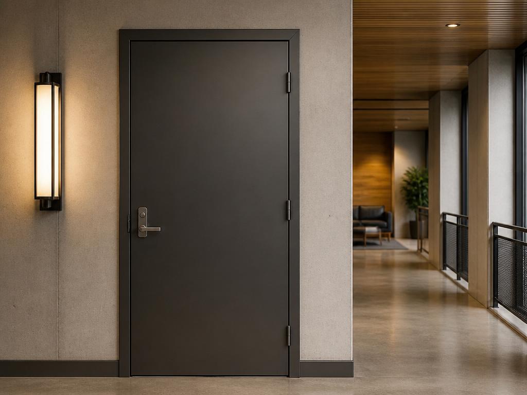 Fire-rated door in an interior corridor
