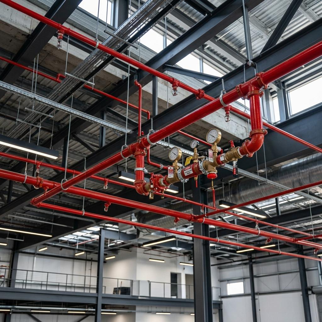 Red fire protection pipes and sprinkler fittings inside an industrial building