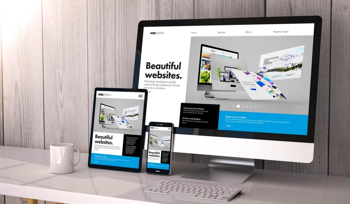 Website layouts displayed across desktop and mobile devices