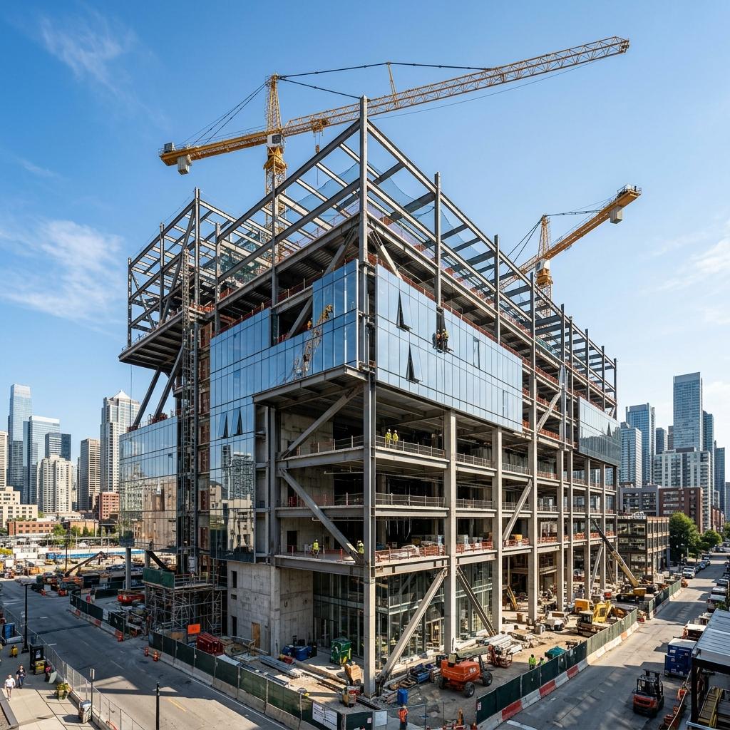 Multi-storey construction site with a tower crane
